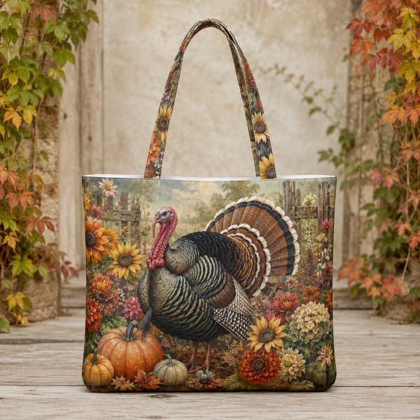 03_turkeygarden Turkey Garden illustrated on a zippered tote bag