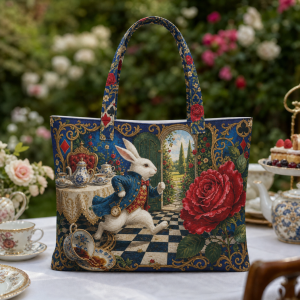 Alice illustrated on a zippered tote bag
