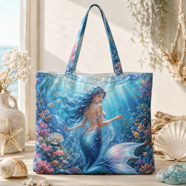 04_mermaid Mermaid illustrated on a zippered tote bag