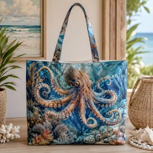 04_octopus Octopus illustrated on a zippered tote bag