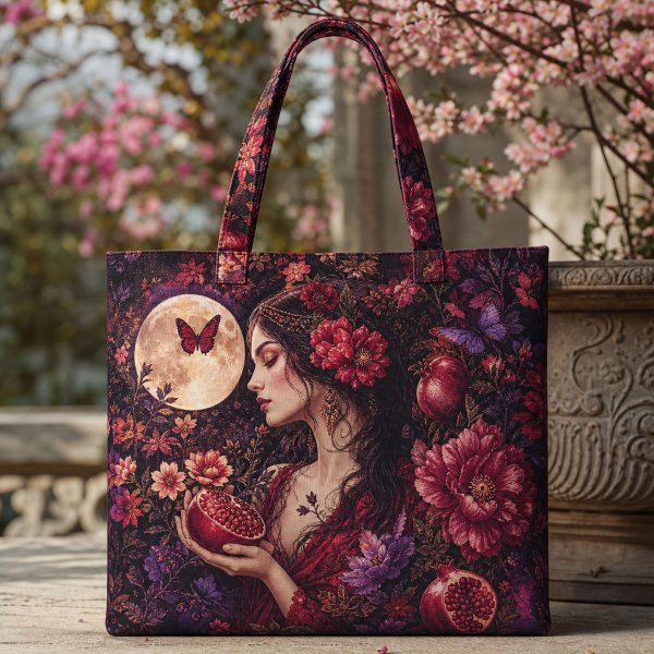 Persephone illustrated on a zippered tote bag