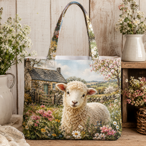 Sheep illustrated on a zippered tote bag