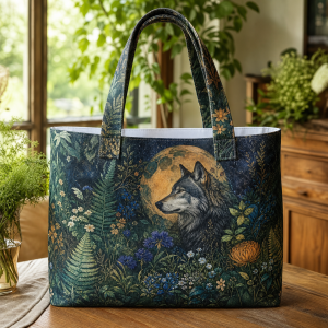 04_wild_woman Moonlit Botanical Wolf illustrated on a zippered tote bag