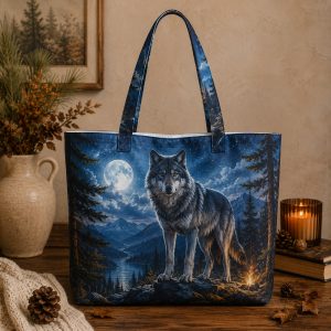 Moonlit Forest Wolf illustrated on a zippered tote bag