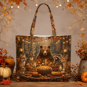 04_woodlandfeast Woodland Thanksgiving Feast illustrated on a zippered tote bag