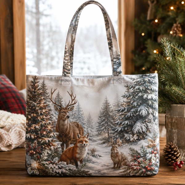Woodland Christmas illustrated on a zippered tote bag