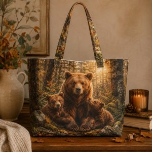 05_bear Bear illustrated on a zippered tote bag