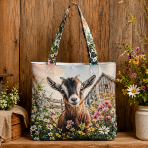 Goat illustrated on a zippered tote bag