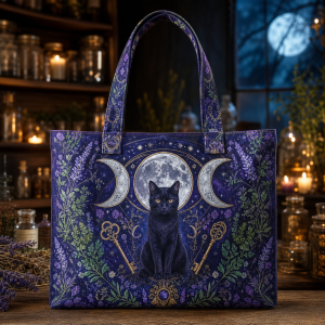 Hecate illustrated on a zippered tote bag