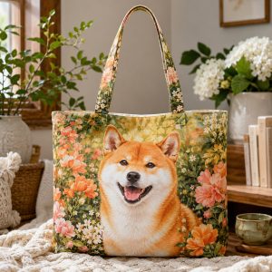 05_shibacharm Shiba Inu Garden illustrated on a zippered tote bag