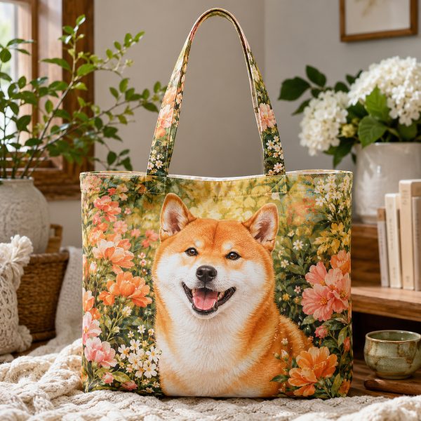 Shiba Inu Garden illustrated on a zippered tote bag