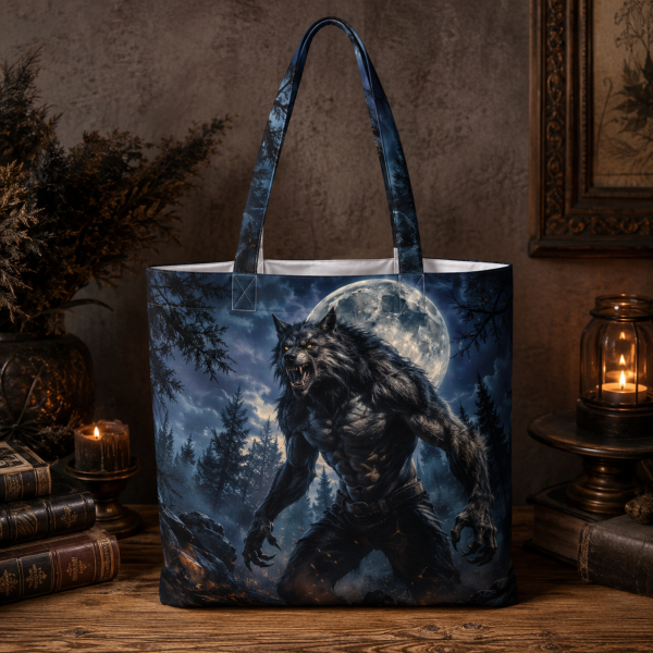 Werewolf illustrated on a zippered tote bag