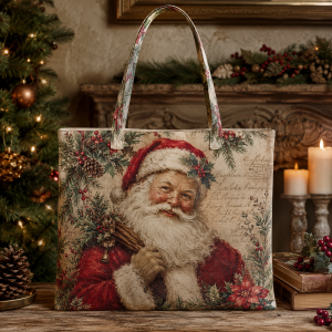 06-vintagesanta Vintage Santa illustrated on a zippered tote bag