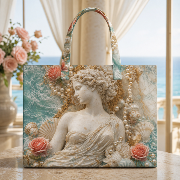 Aphrodite illustrated on a zippered tote bag