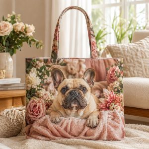 06_frenchiebliss French Bulldog Roses illustrated on a zippered tote bag