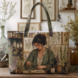 06_herbalist_woman Herbalist Woman illustrated on a zippered tote bag