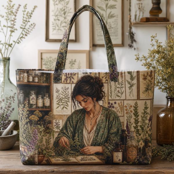 06_herbalist_woman Herbalist Woman illustrated on a zippered tote bag