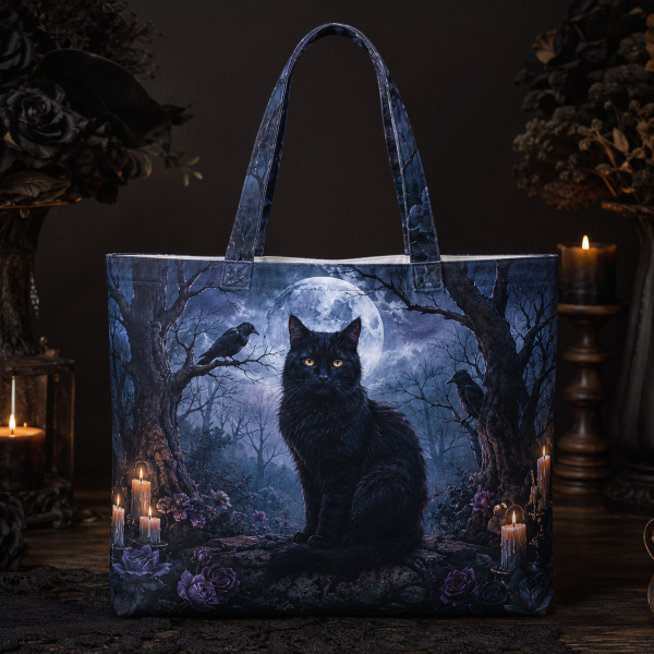 moonlitcat illustration on a zippered tote bag
