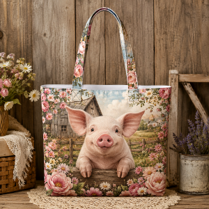 Pig illustrated on a zippered tote bag