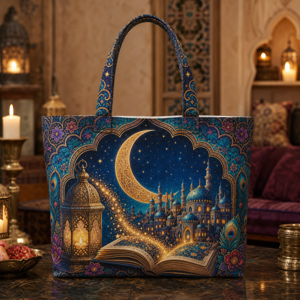 Scheherazade illustrated on a zippered tote bag