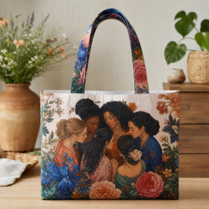 06_sisterhood Sisterhood illustrated on a zippered tote bag