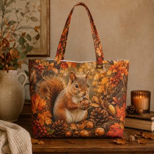 Squirrel illustrated on a zippered tote bag
