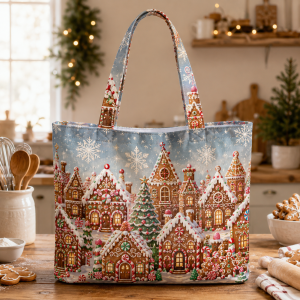 07-gingertownb Snowy Gingerbread Village illustrated on a zippered tote bag