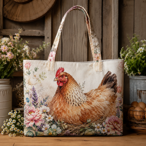 07_chicken Chicken illustrated on a zippered tote bag