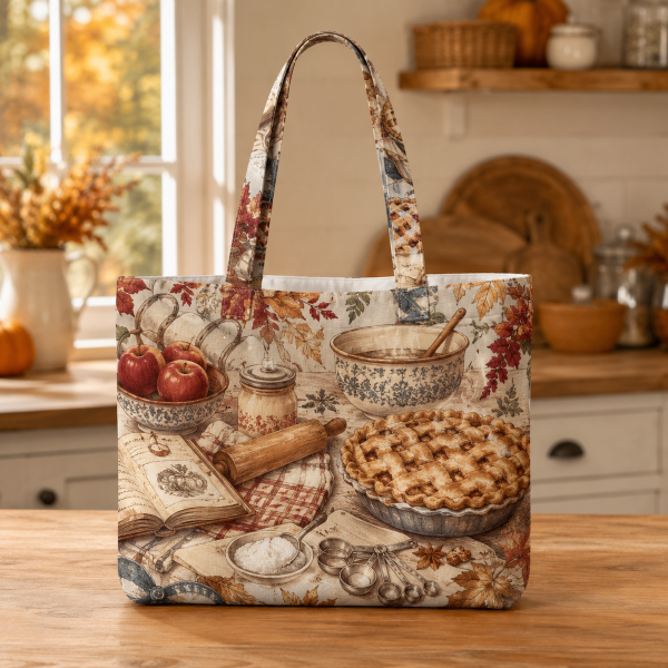 Family Pie Recipe illustrated on a zippered tote bag