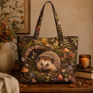 Hedgehog illustrated on a zippered tote bag