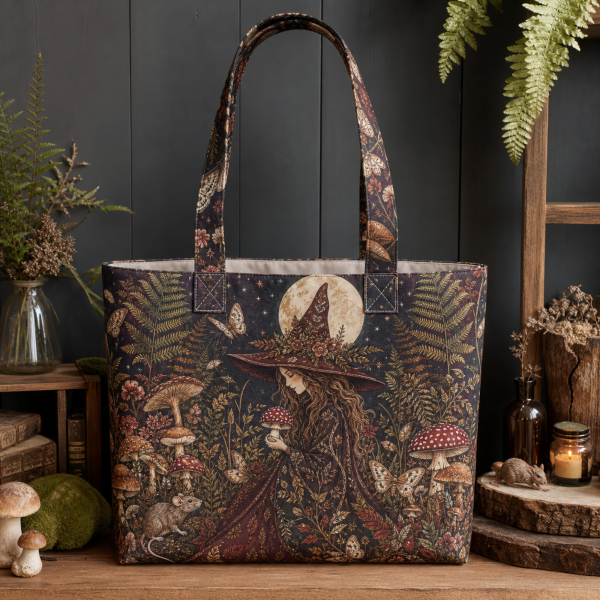 Mushroom Witch illustrated on a zippered tote bag