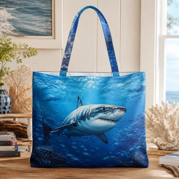 Shark illustrated on a zippered tote bag