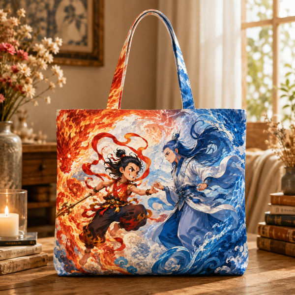 07_tideandflame Tide and Flame illustrated on a zippered tote bag