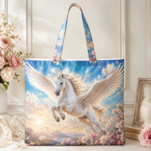 07_unicorn Unicorn illustrated on a zippered tote bag