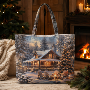 08-cozycabin Cozy Christmas Cabin illustrated on a zippered tote bag