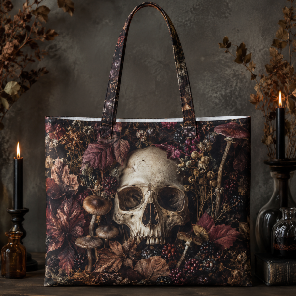 autumnskull illustration on a zippered tote bag
