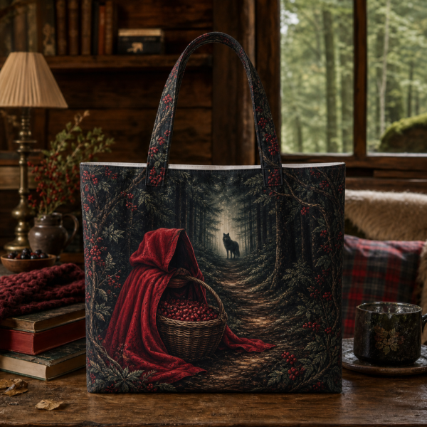 Little Red Riding Hood illustrated on a zippered tote bag