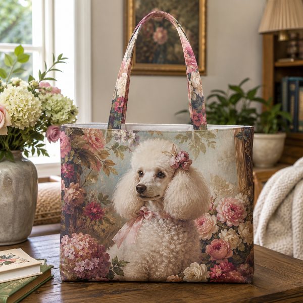 Elegant Poodle Roses illustrated on a zippered tote bag