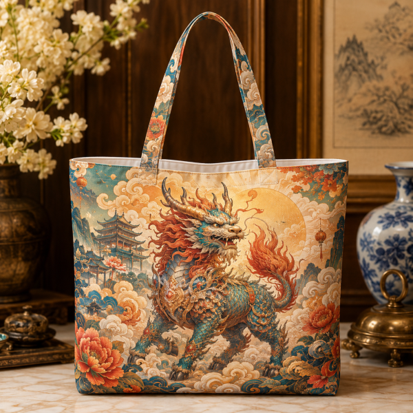 08_qilin Qilin illustrated on a zippered tote bag