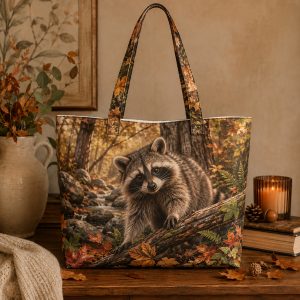 Raccoon illustrated on a zippered tote bag
