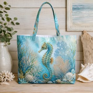 08_seahorse Seahorse illustrated on a zippered tote bag