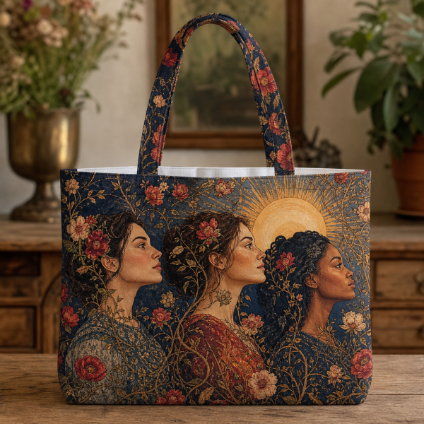 She Persisted illustrated on a zippered tote bag