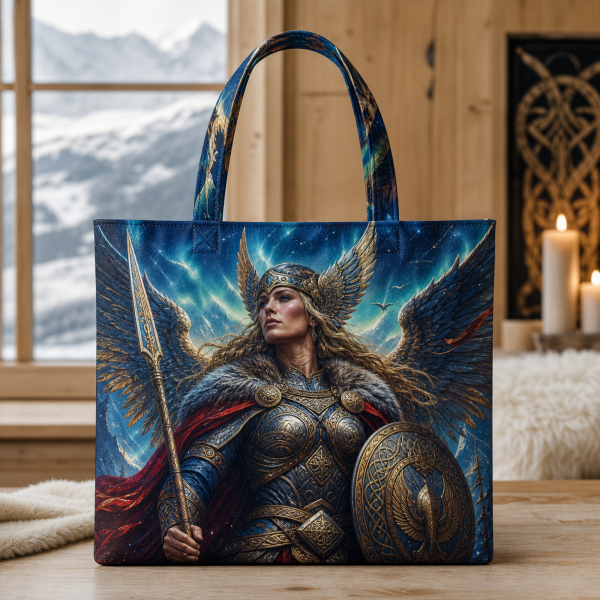 Valkyrie illustrated on a zippered tote bag