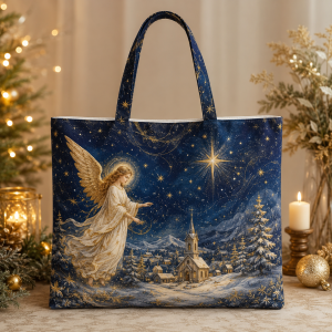 09-celestiala Christmas Angel and Star illustrated on a zippered tote bag