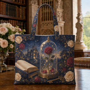 09_beauty Beauty illustrated on a zippered tote bag