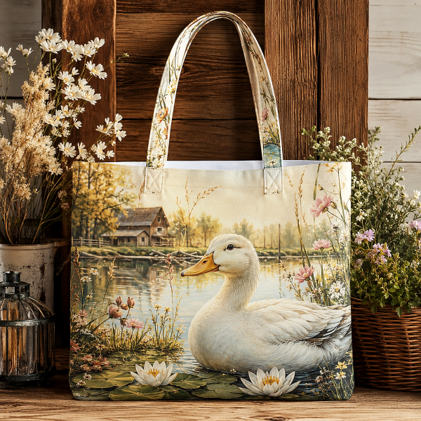 09_duck Duck illustrated on a zippered tote bag
