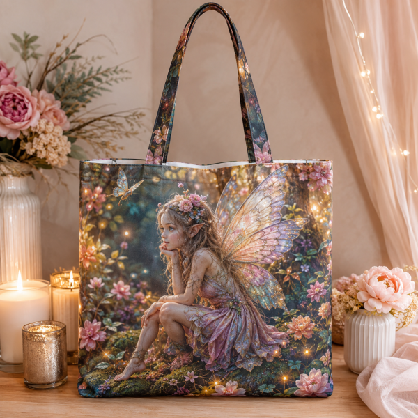 09_fairy Fairy illustrated on a zippered tote bag