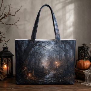 hauntedpath illustration on a zippered tote bag