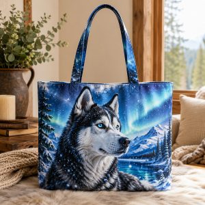 Aurora Husky illustrated on a zippered tote bag