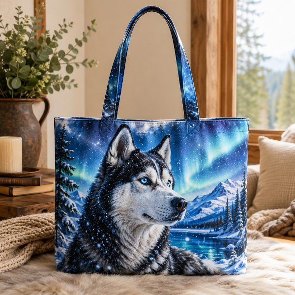 Aurora Husky illustrated on a zippered tote bag